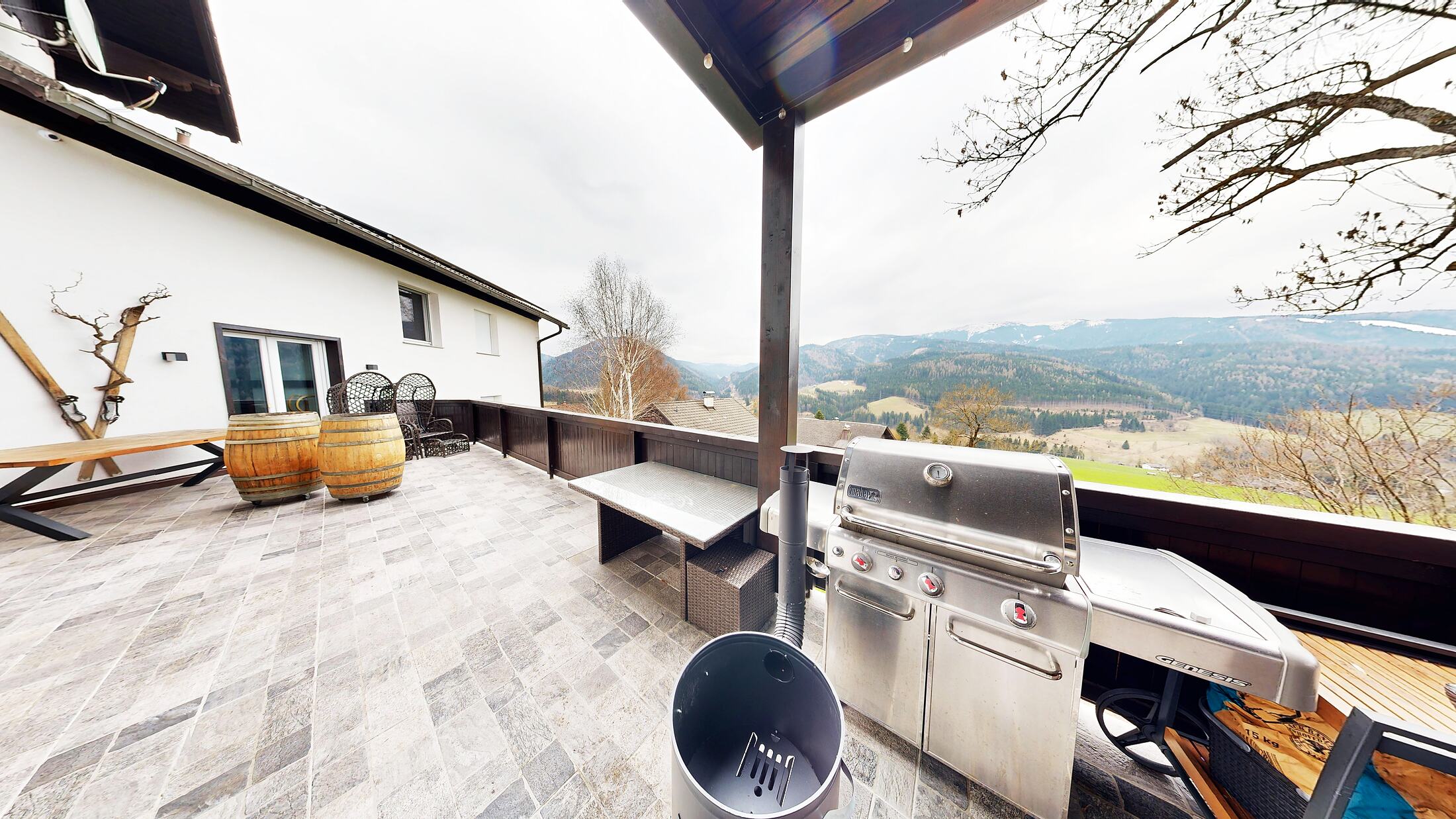The terrace grill with the Semmering mountains beyond.